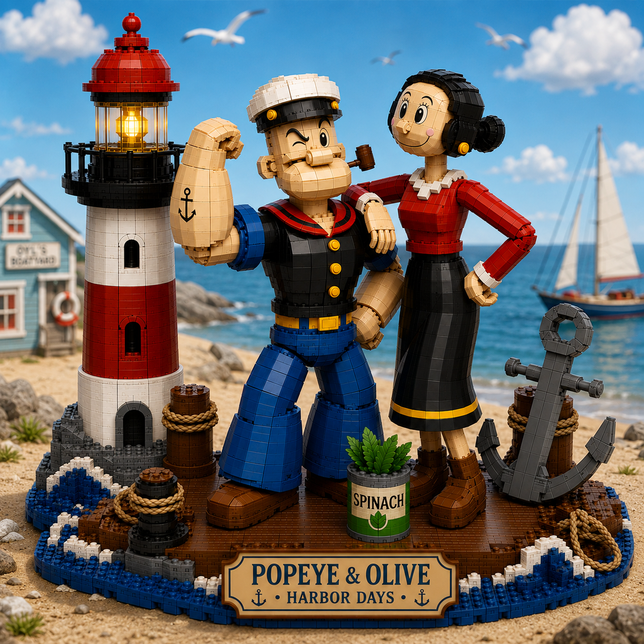 Harbor Days – Classic Cartoon Sailor Couple Coastal Display Bricks
