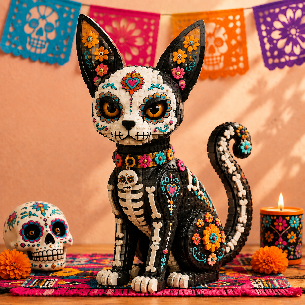 Sugar Skull Black Cat Brick Model – Día de los Muertos Animal Collection