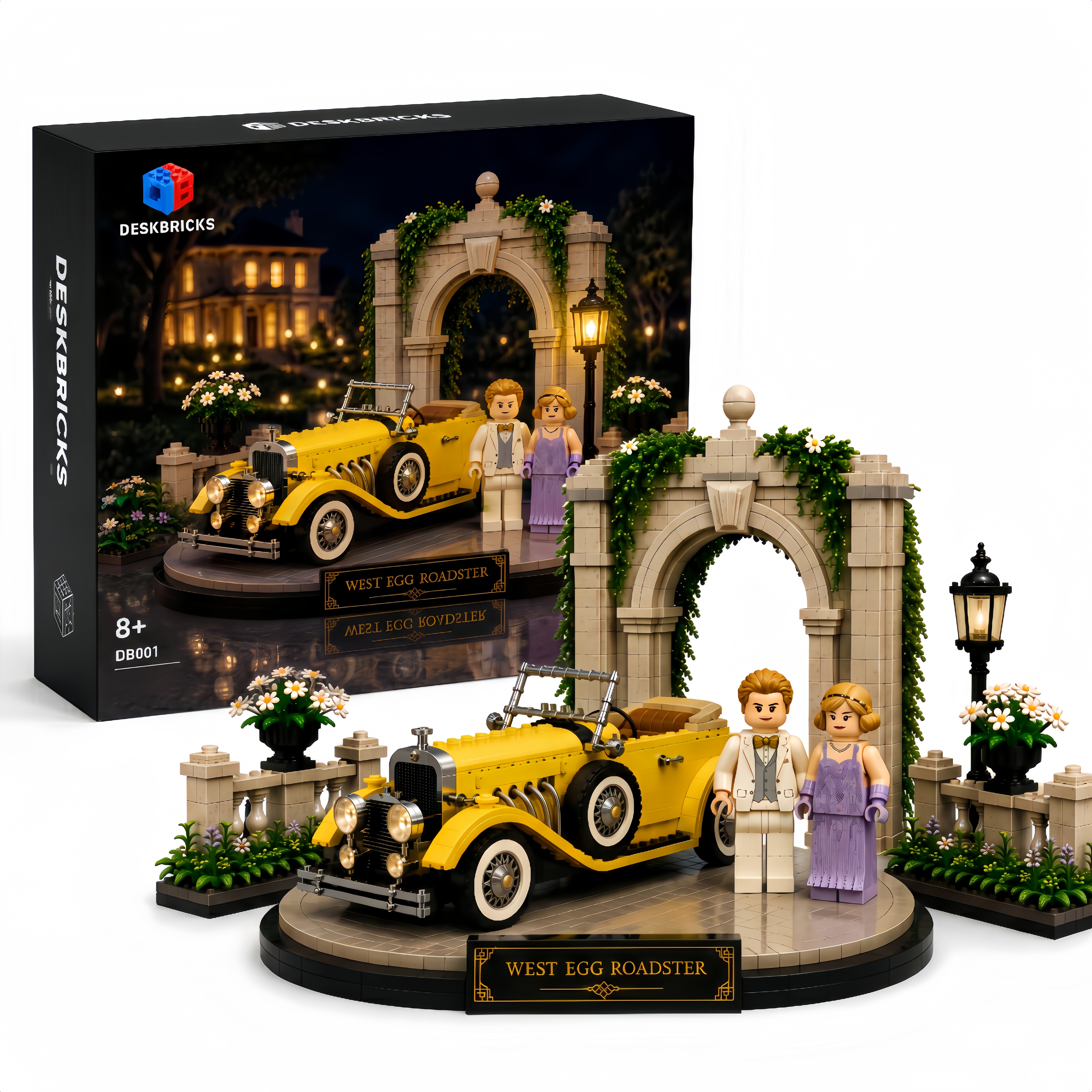 West Egg Roadster – 1920s Golden Era Estate Display Building Set | Vintage Yellow Roadster & Couple Collector Bricks