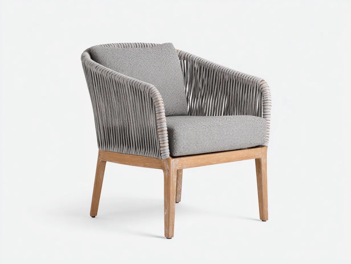 Silla de Relax con respaldo de cuerda 76x74x78 cm - gris claro y madera lavada - diseño moderno de salón-Gasaiahouse