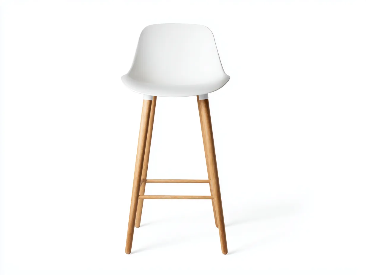 Taburete de Bar para Comedor 48x50x102 cm - plástico blanco y madera natural - respaldo medio - doble reposapiés frontal-Gasaiahouse