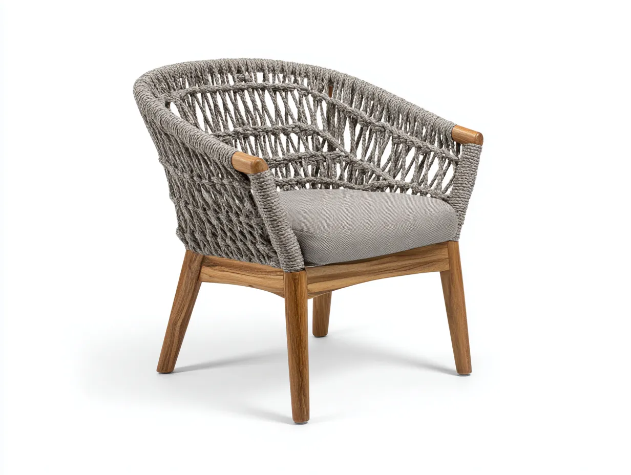 Silla de Relax de cuerda trenzada 78x72x76 cm - gris y madera natural - estilo artesanal para salón-Gasaiahouse