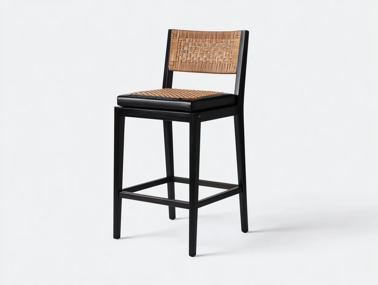 Taburete de Bar para Comedor 47x50x101 cm - madera negra y fibra natural - asiento trenzado acolchado - reposapiés perimetral-Gasaiahouse