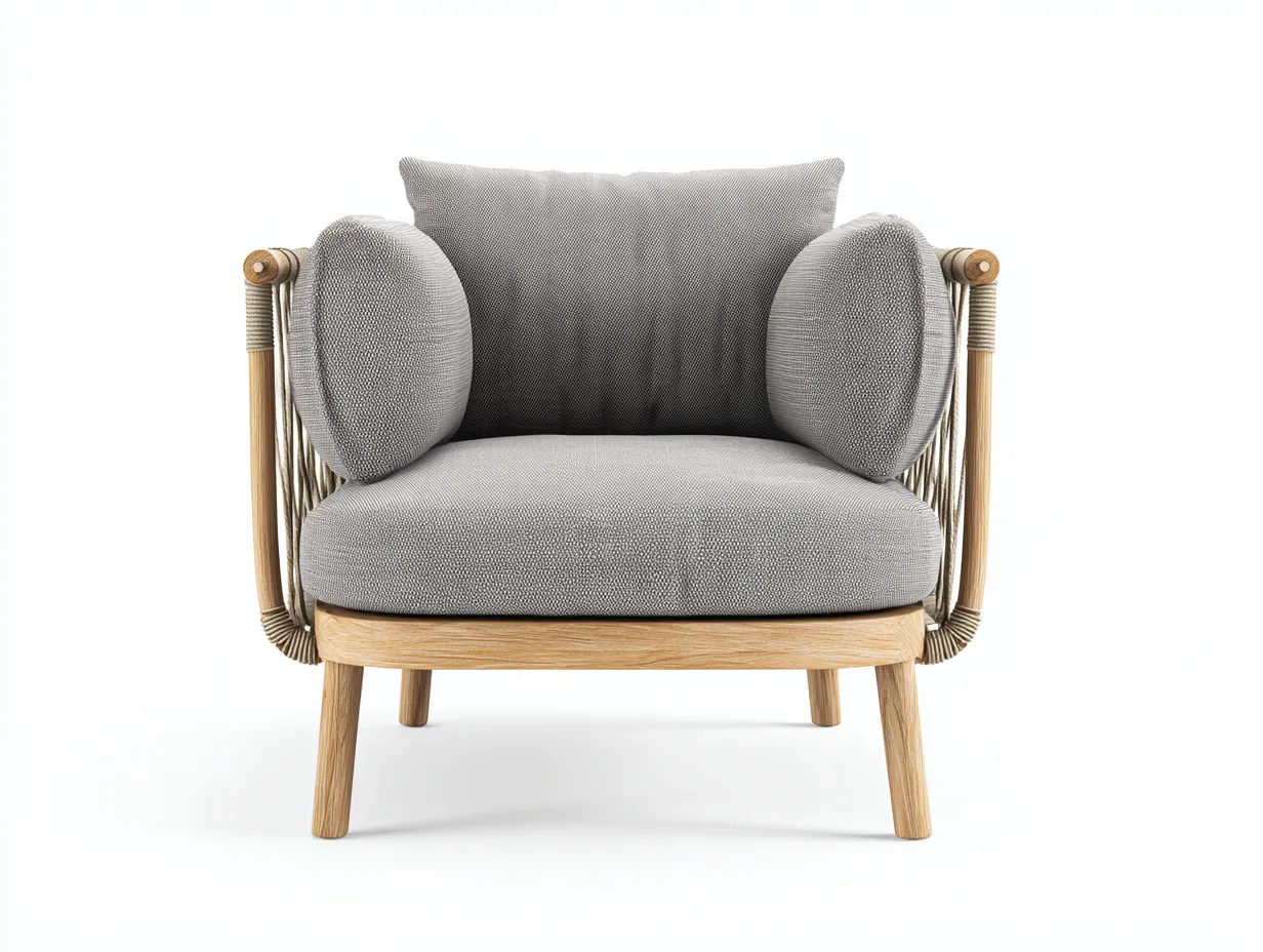 Silla de Relax tapizada 86x80x82 cm - gris claro y madera natural - brazos de cuerda para salón-Gasaiahouse