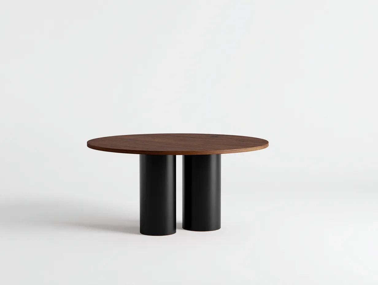Mesa de Comedor redonda con tablero efecto nogal 130x130x75 cm - nogal y negro - doble pedestal cilíndrico-Gasaiahouse