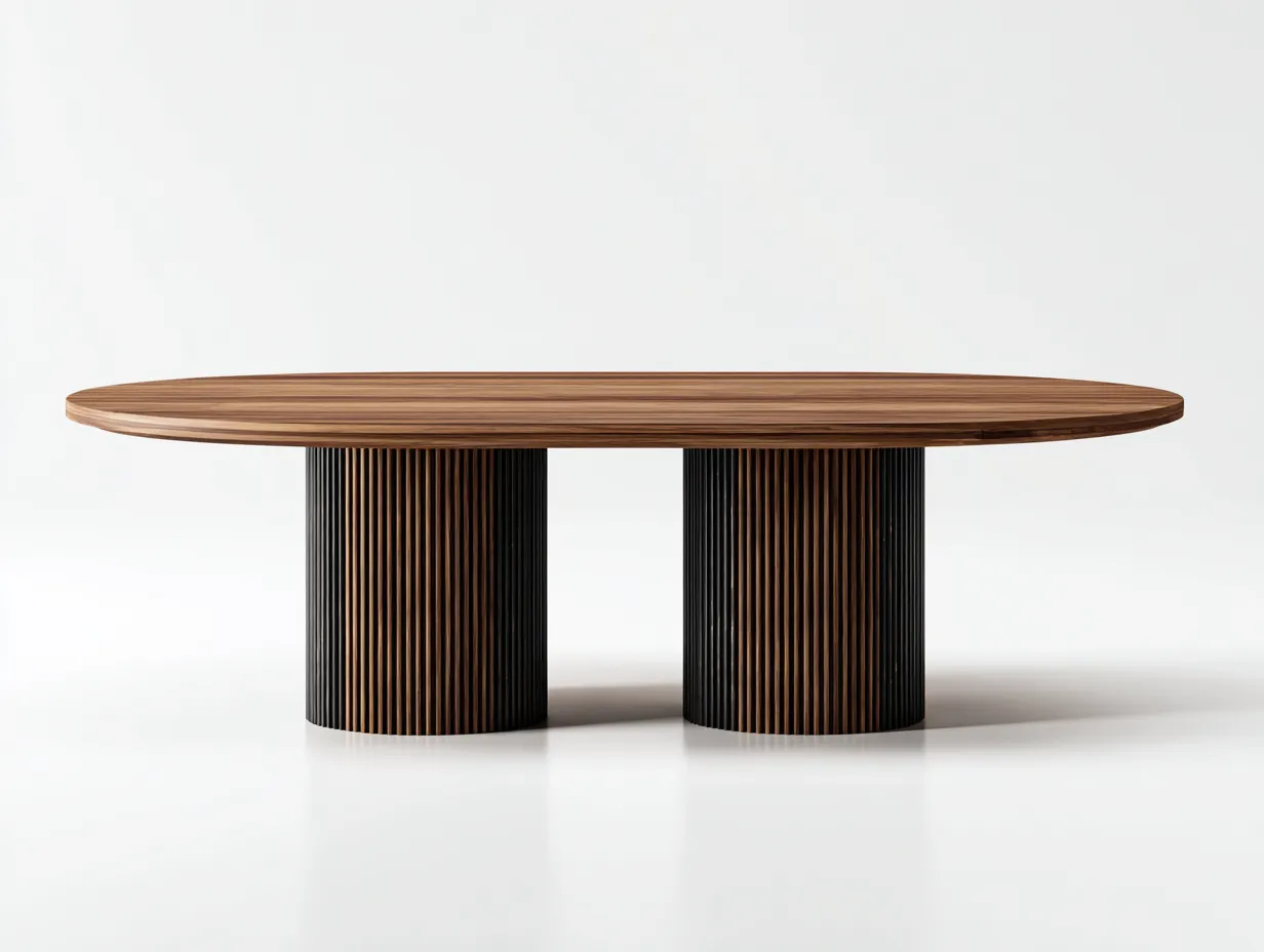 Mesa de Comedor ovalada efecto nogal 240x110x76 cm - nogal y negro - doble base cilíndrica-Gasaiahouse
