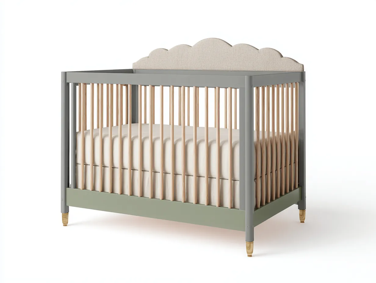 Cuna de madera 142x77x100 cm - gris y verde salvia y madera natural - cabecero decorativo para dormitorio-Gasaiahouse