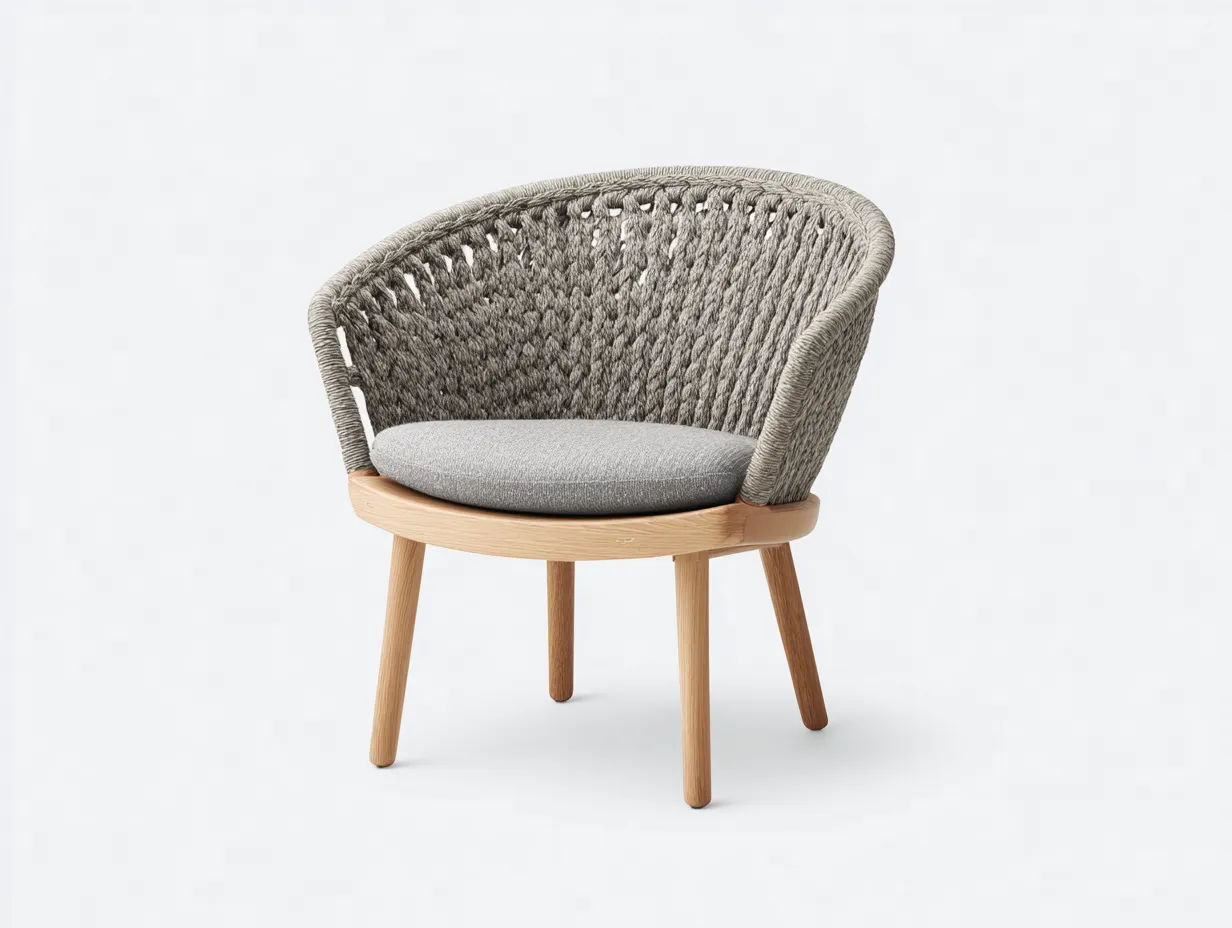 Silla de Relax de cuerda 74x71x77 cm - gris piedra y madera natural - respaldo calado para salón-Gasaiahouse