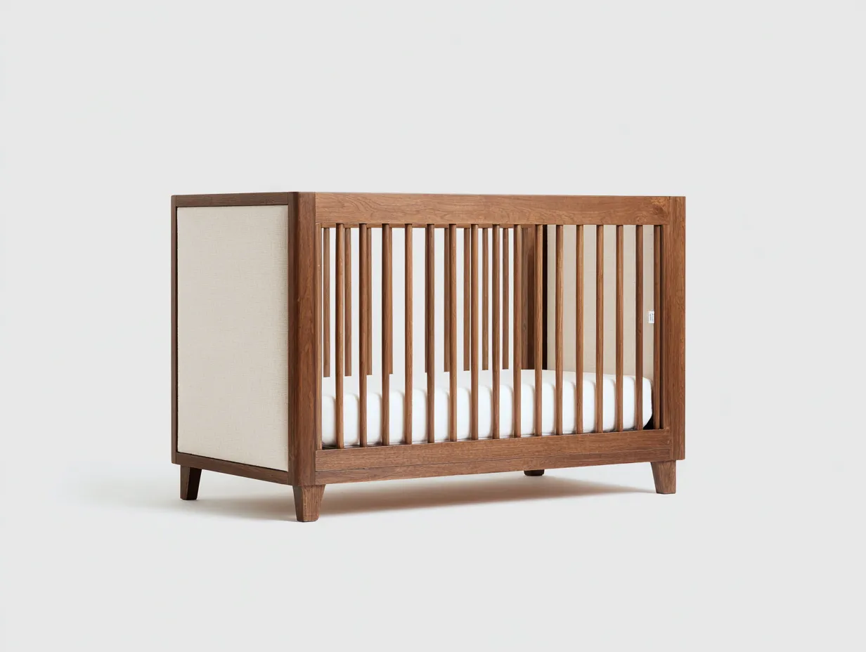 Cuna de madera 142x78x91 cm - nogal y beige - paneles tapizados para dormitorio-Gasaiahouse