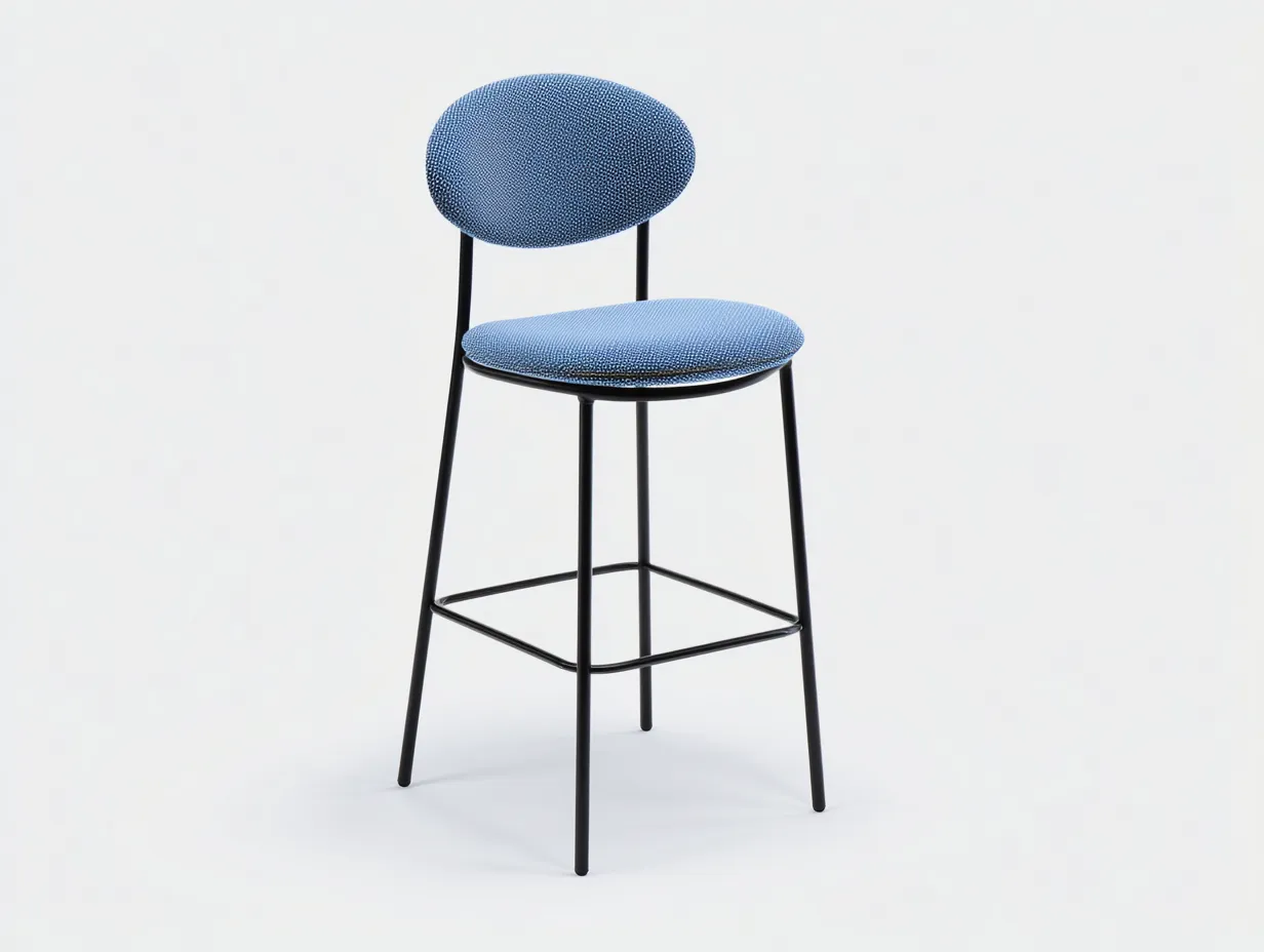 Taburete de Bar para Comedor 49x51x101 cm - tejido azul claro - metal negro - respaldo ovalado y reposapiés rectangular-Gasaiahouse