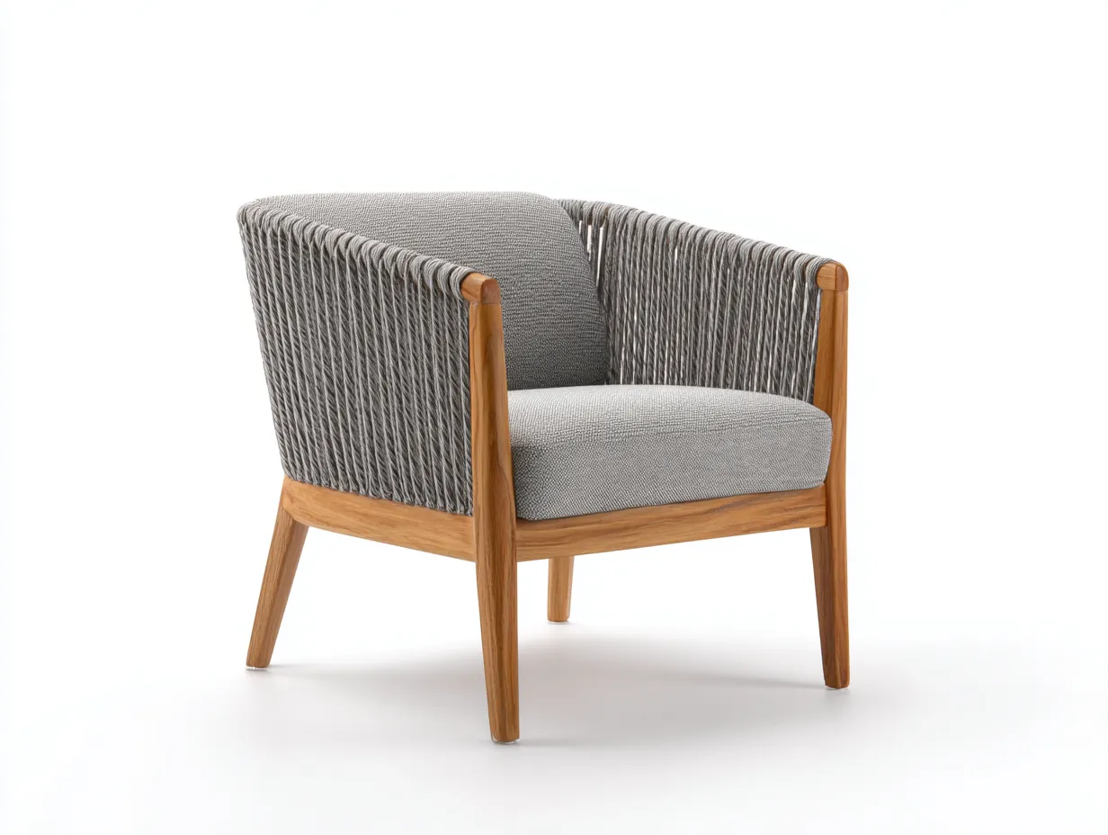 Silla de Relax de cuerda vertical 77x73x77 cm - gris y madera cálida - estilo contemporáneo para salón-Gasaiahouse