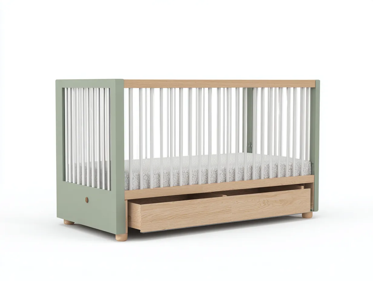 Cuna de madera 145x78x96 cm - verde salvia y madera natural - cajón inferior para dormitorio-Gasaiahouse