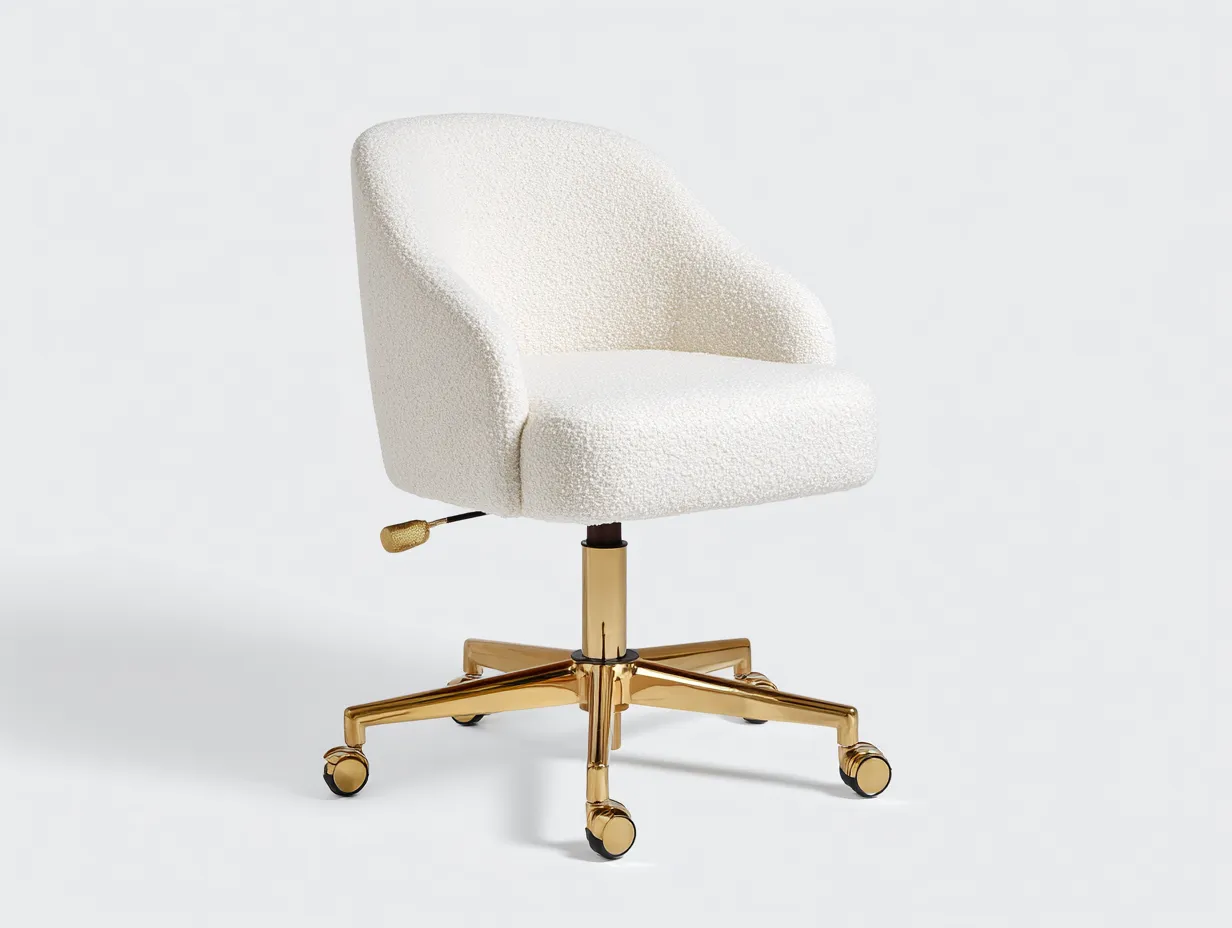 Silla de Oficina bouclé 69×71×93 cm - blanco/dorado - respaldo ancho y ruedas para oficina-Rotiihaven