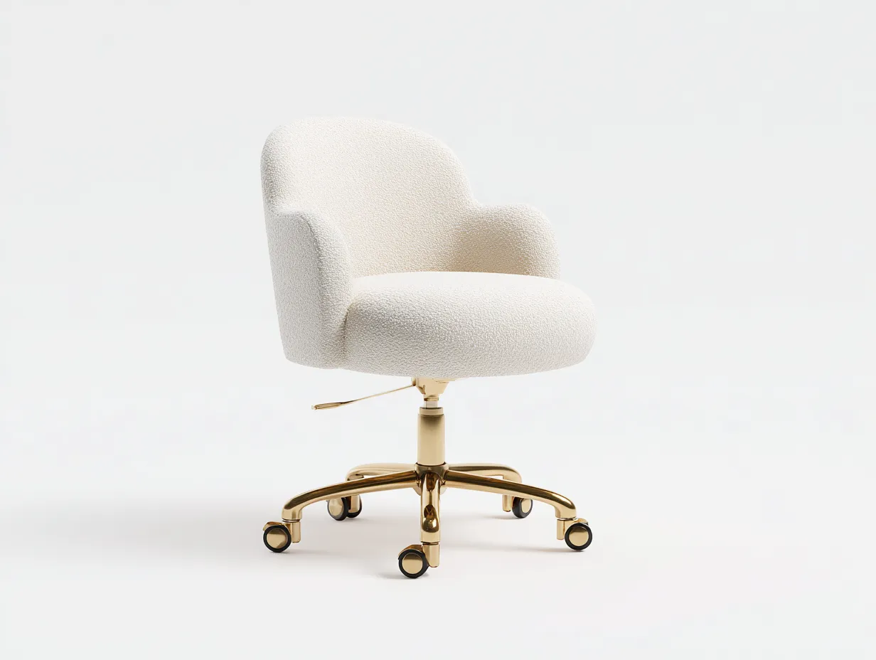 Silla de Oficina bouclé 68×70×91 cm - blanco/dorado - asiento giratorio con brazos para oficina elegante-Rotiihaven