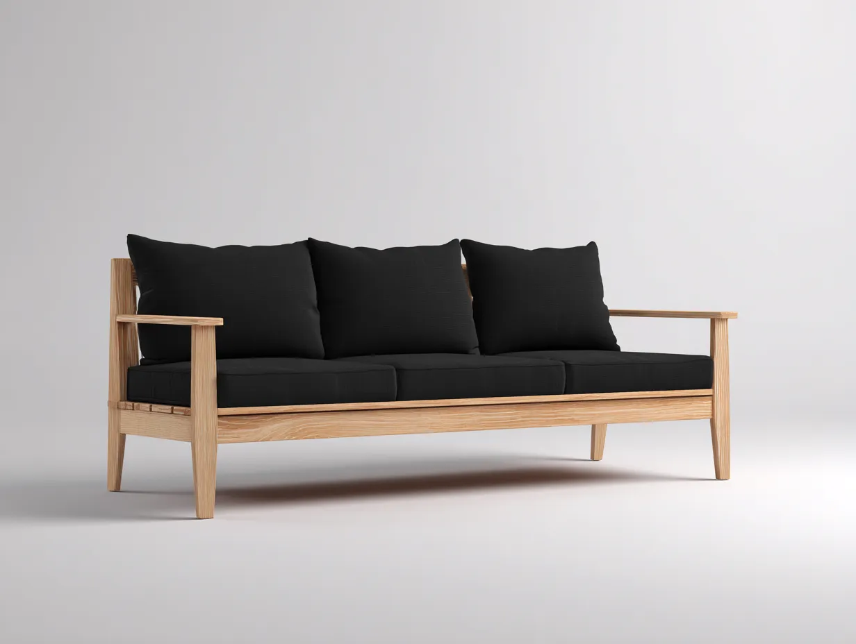 Sofá de Tres Plazas madera natural 215x88x80 cm - negro exterior con estructura reforzada-Lorironest