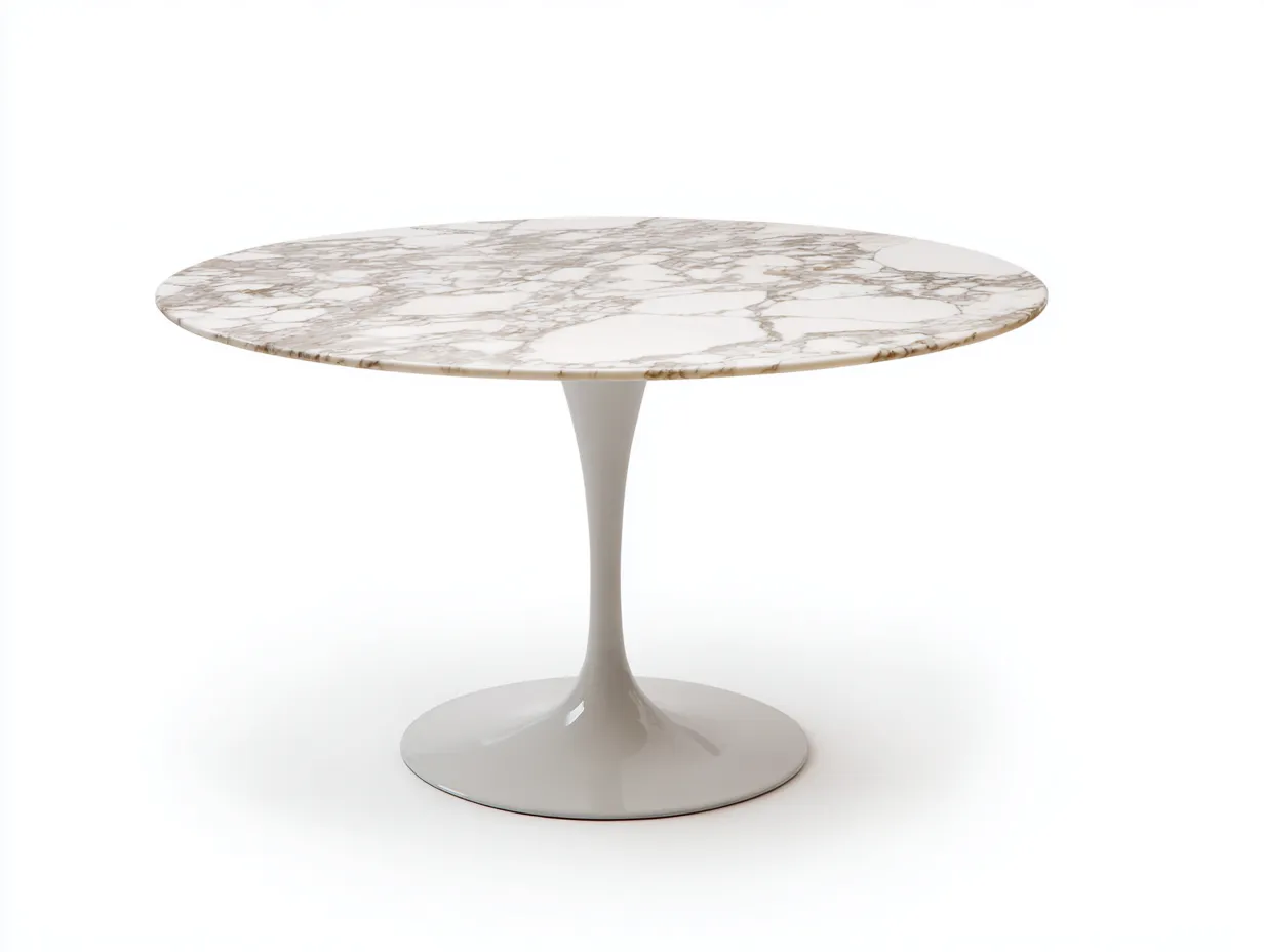 Mesa de Comedor redonda efecto mármol crema 120x120x75 cm - base pedestal blanco - estilo moderno elegante-Lorironest