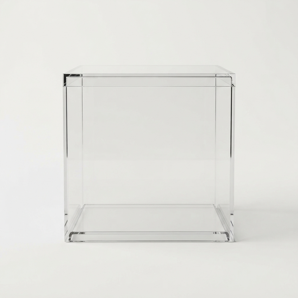 Clear PET protective display case for one art toy on neutral background