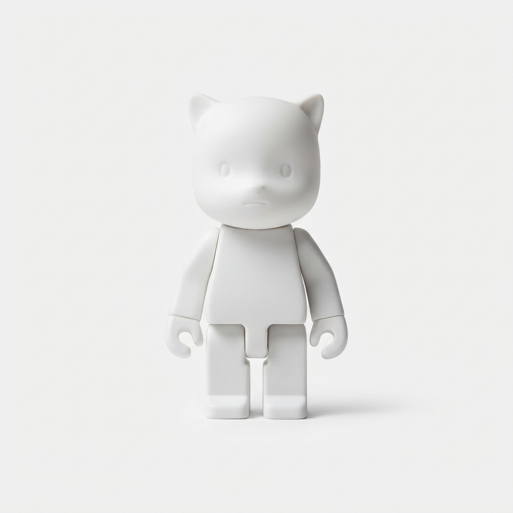 White mini expression art toy figure with interchangeable face on neutral background