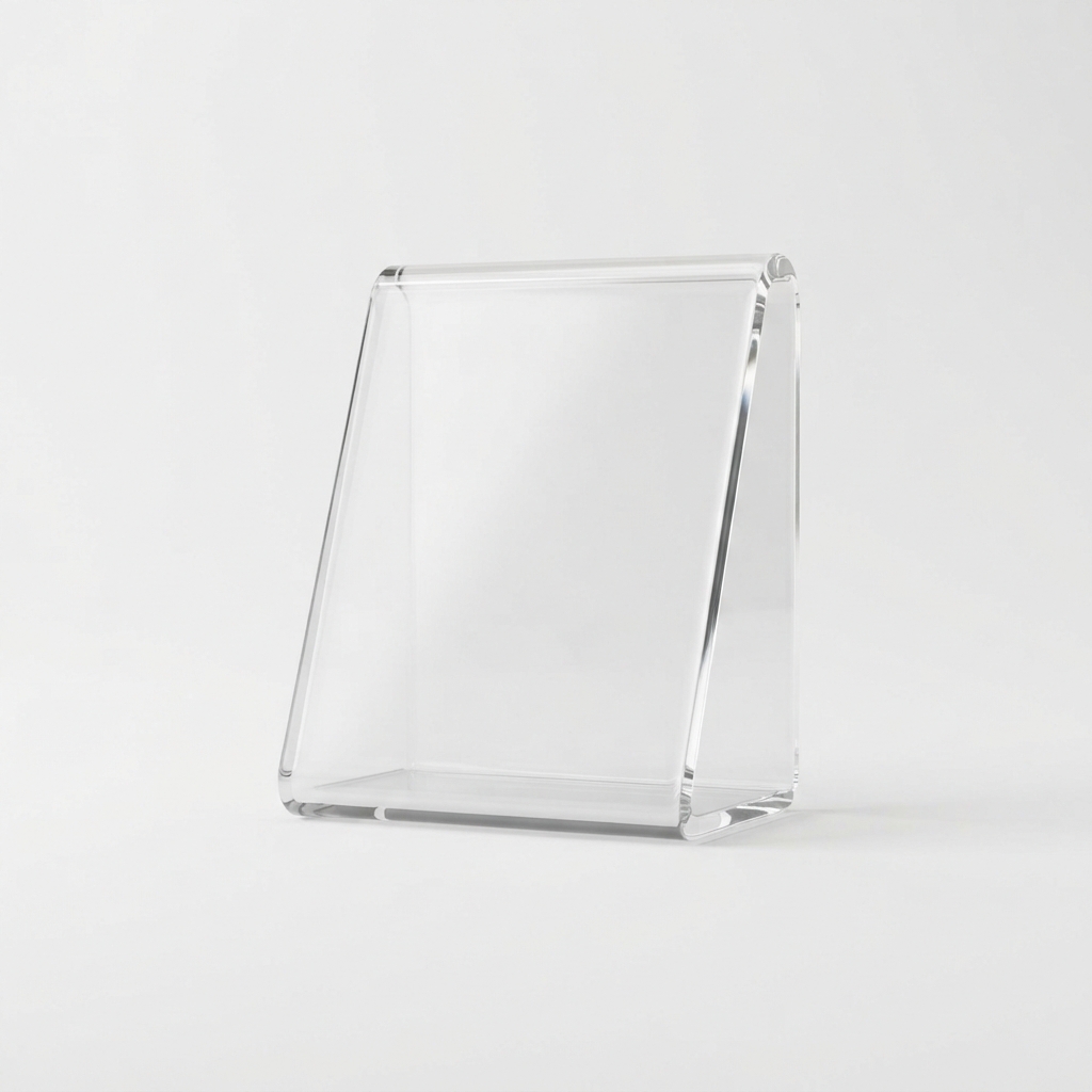 Clear acrylic three-tier display stand for art toys on neutral background