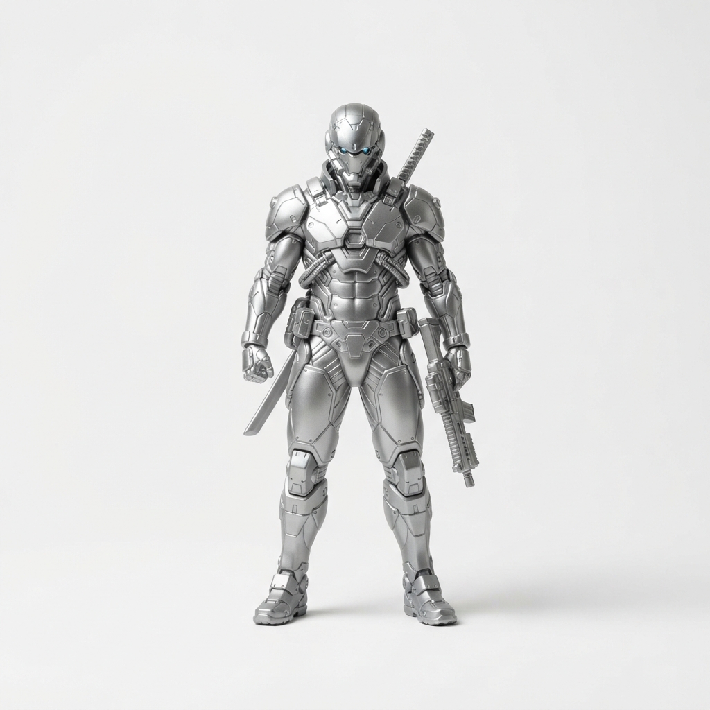 Silver cyberpunk vinyl art toy figure with metallic finish on neutral background