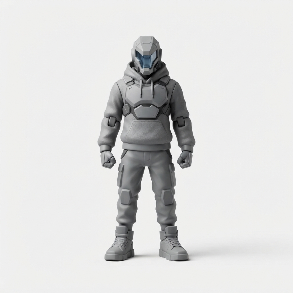 Gray streetwear edition toy figure with mini hoodie on neutral background