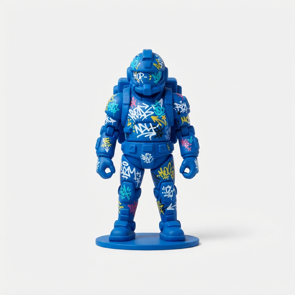 Blue graffiti-style designer toy figure on neutral studio background