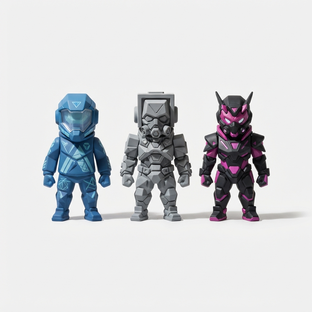 Set of three assorted mystery urban art toy figures on neutral background