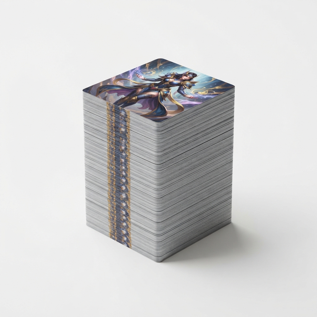 Stack of urban character art cards on neutral background