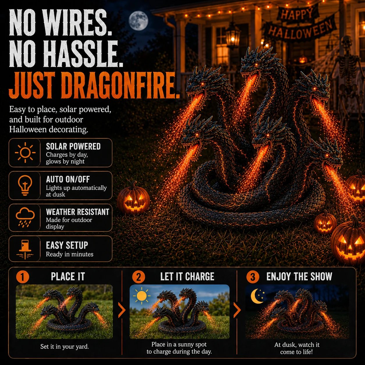Solar powered Orochi Halloween outdoor garden light setup