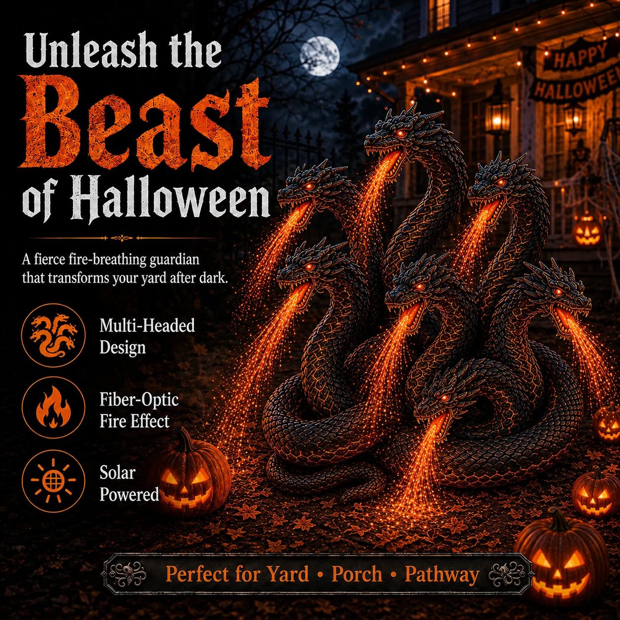 🔥🎃 Fire-Breathing Orochi Solar Garden Light – Epic Multi-Headed Dragon Halloween Decor