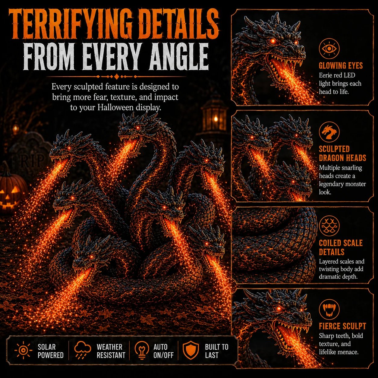 🔥🎃 Fire-Breathing Orochi Solar Garden Light – Epic Multi-Headed Dragon Halloween Decor