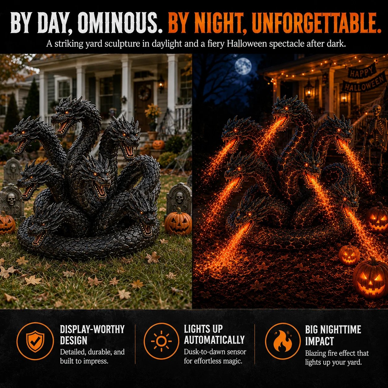🔥🎃 Fire-Breathing Orochi Solar Garden Light – Epic Multi-Headed Dragon Halloween Decor