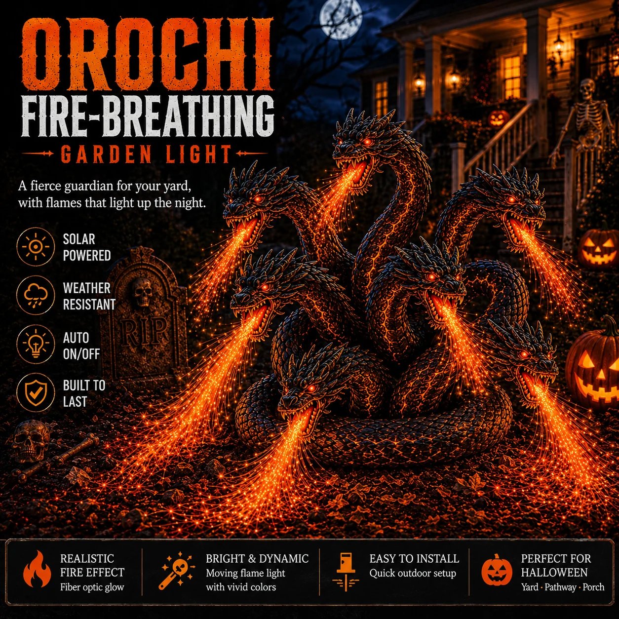 🔥🎃 Fire-Breathing Orochi Solar Garden Light – Epic Multi-Headed Dragon Halloween Decor