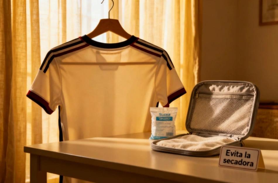 Football shirt air drying naturally on a wide hanger