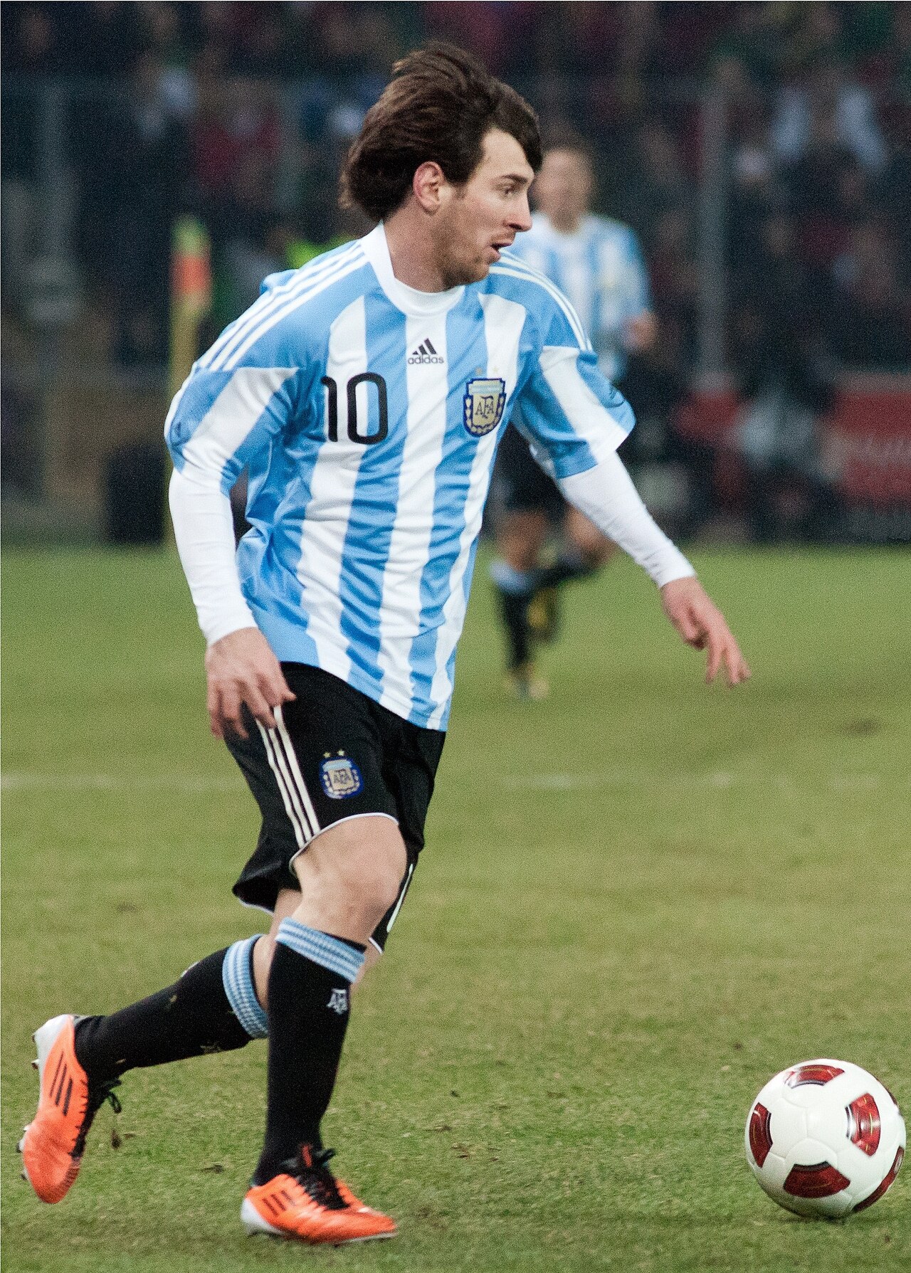 Lionel Messi wearing the Argentina national team shirt during his international career