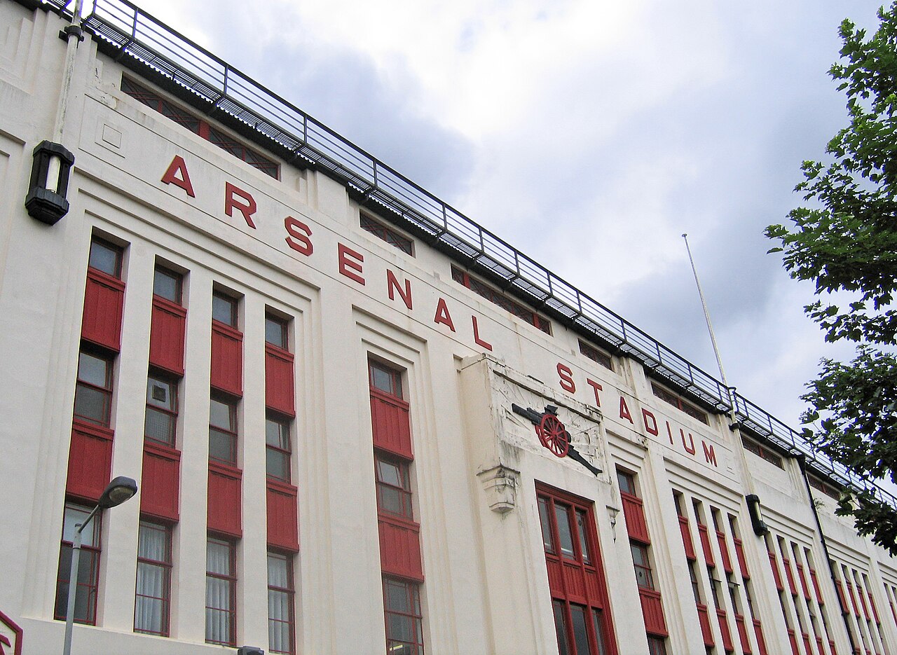 The art deco east facade of Arsenal Stadium at Highbury, where the original 1991 Bruised Banana away shirt was worn
