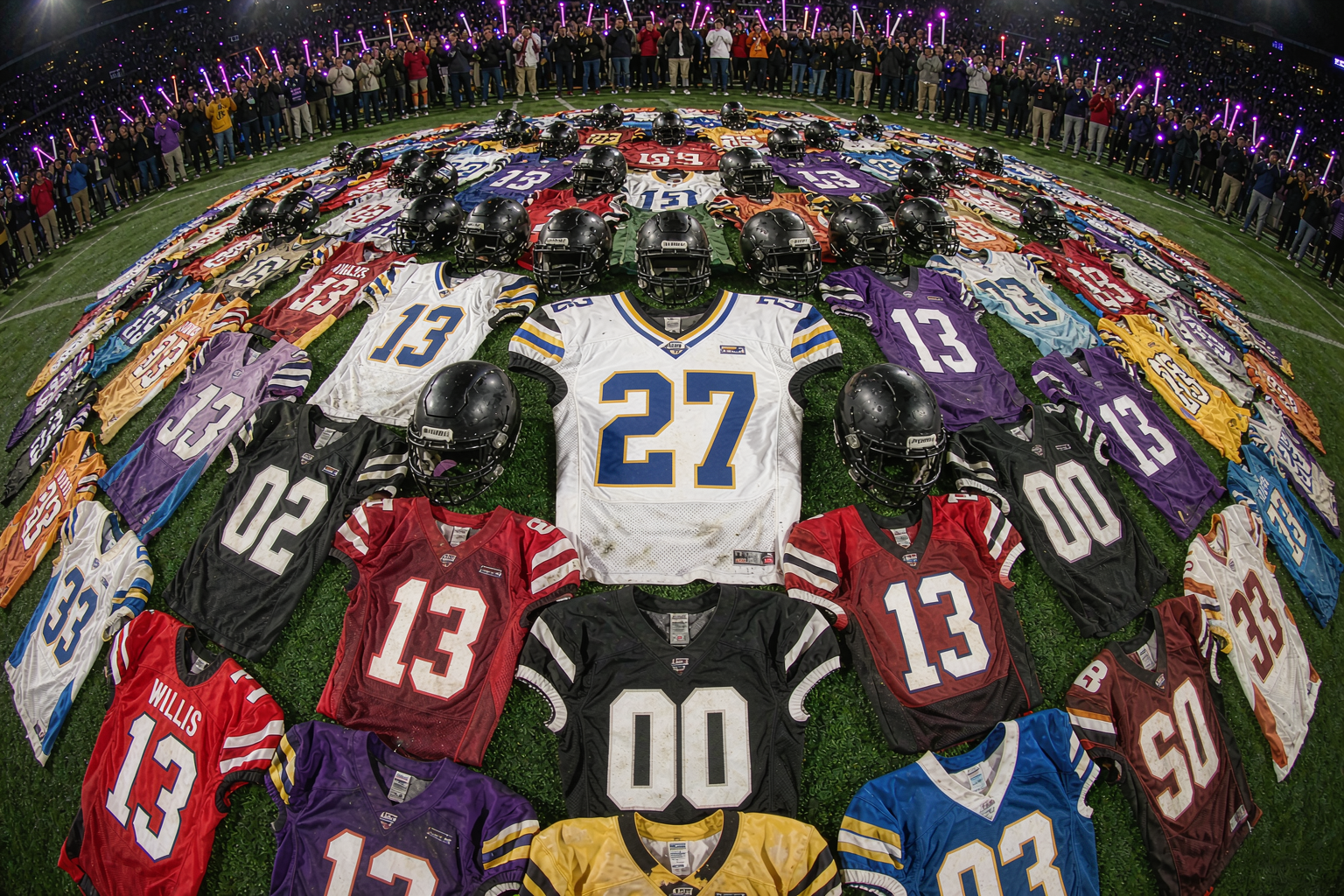 Flat-lay of multiple NFL jerseys and helmets on a grass field under stadium lights