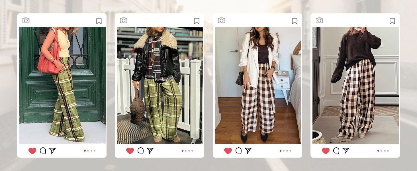 Womens Wide Leg Plaid Pants Checkered Business Casual Trousers High Wiasted Baggy Palazzo Pants