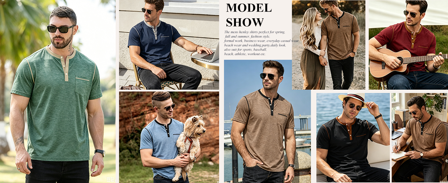 Mens Henley Shirt Casual Button Short Sleeve T-Shirt Summer Patchwork Color Block Tee Shirts 