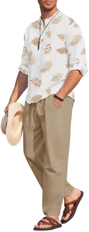 Men's 2 Pieces Cotton Linen Set Long Sleeve Henley Shirts Casual Beach Pants With Pockets Summer Yoga Outfits