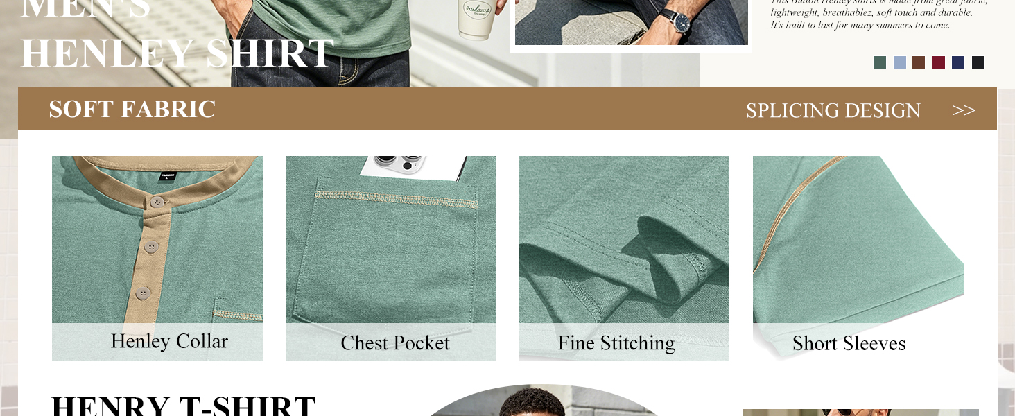 Men&amp;#39;s Henley Shirt Casual Button Short Sleeve T-Shirt Summer Patchwork Color Block Tee Shirts 