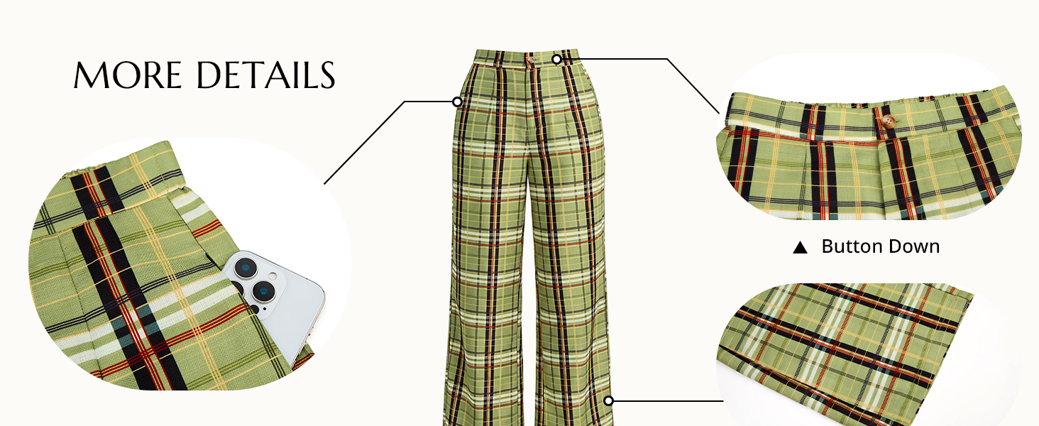 Womens Wide Leg Plaid Pants Checkered Business Casual Trousers High Wiasted Baggy Palazzo Pants