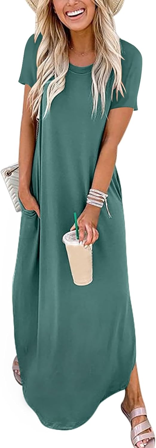 Womens Summer Maxi Dress Short Sleeve Casual Loose Long T Shirt Dresses Split Vacation Beach Sundress Travel Outfits