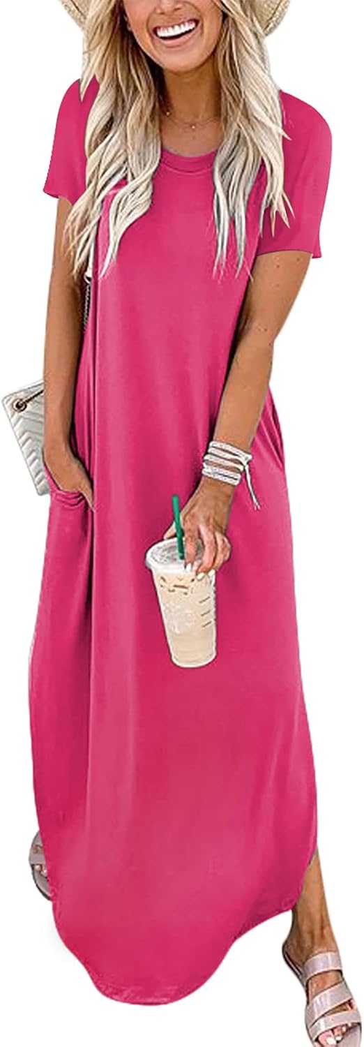 Womens Summer Maxi Dress Short Sleeve Casual Loose Long T Shirt Dresses Split Vacation Beach Sundress Travel Outfits