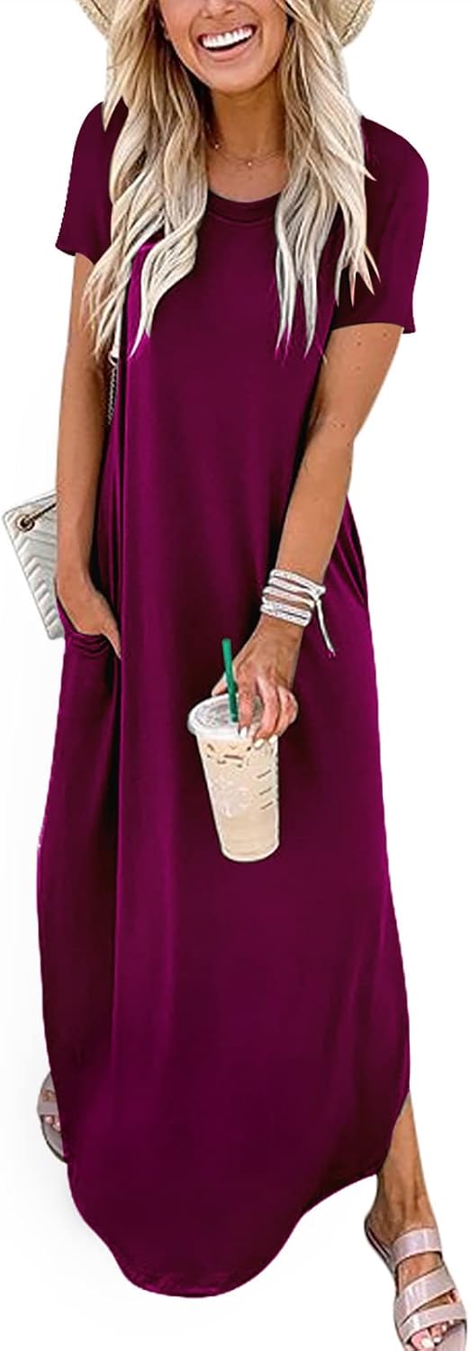 Womens Summer Maxi Dress Short Sleeve Casual Loose Long T Shirt Dresses Split Vacation Beach Sundress Travel Outfits