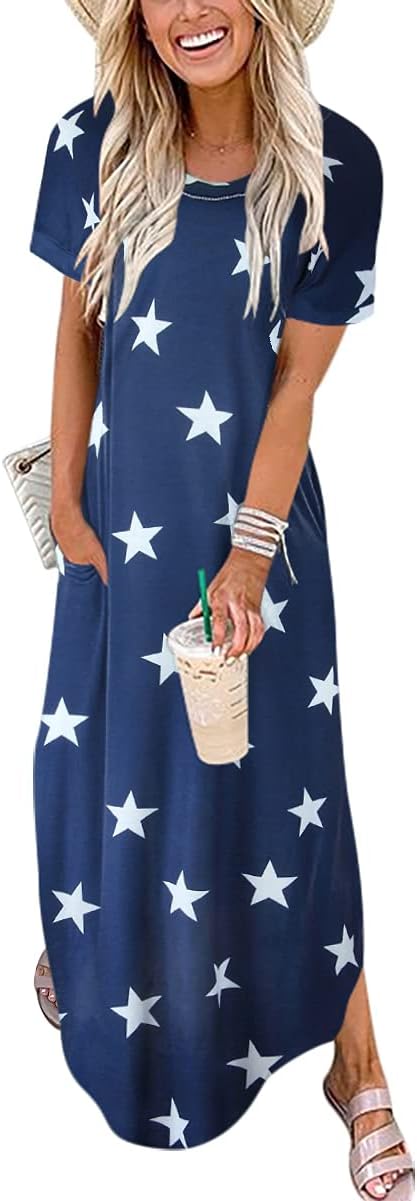 Womens Summer Maxi Dress Short Sleeve Casual Loose Long T Shirt Dresses Split Vacation Beach Sundress Travel Outfits