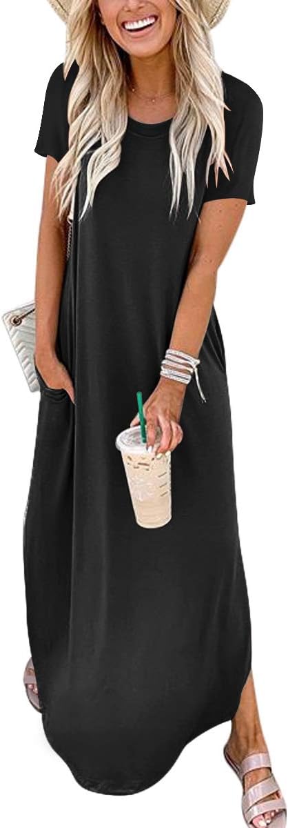 Womens Summer Maxi Dress Short Sleeve Casual Loose Long T Shirt Dresses Split Vacation Beach Sundress Travel Outfits
