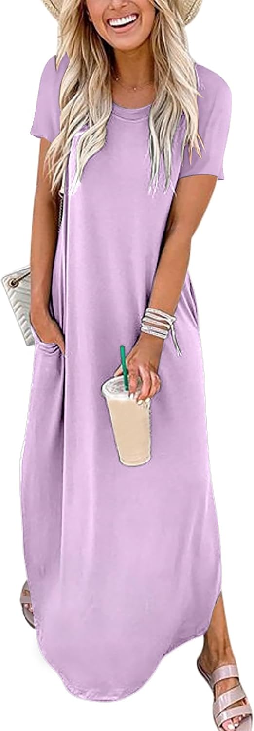 Womens Summer Maxi Dress Short Sleeve Casual Loose Long T Shirt Dresses Split Vacation Beach Sundress Travel Outfits