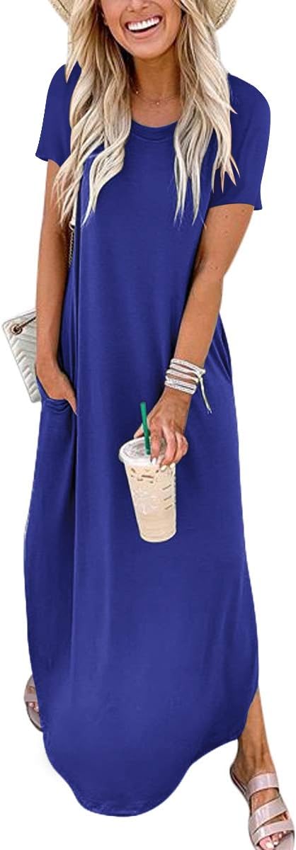Womens Summer Maxi Dress Short Sleeve Casual Loose Long T Shirt Dresses Split Vacation Beach Sundress Travel Outfits