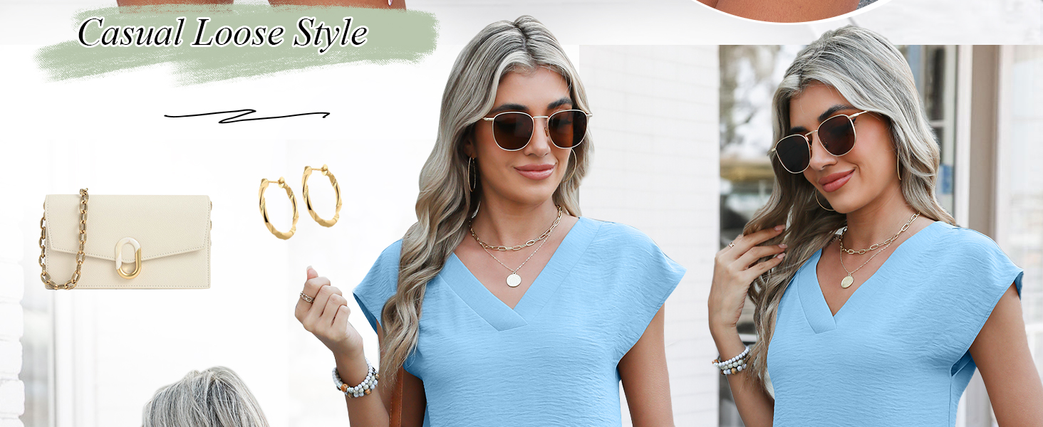 Women Tops Cap Sleeve Textured Dressy Casual V Neck Shirts 2025 Summer Business Work Blouses Outfits